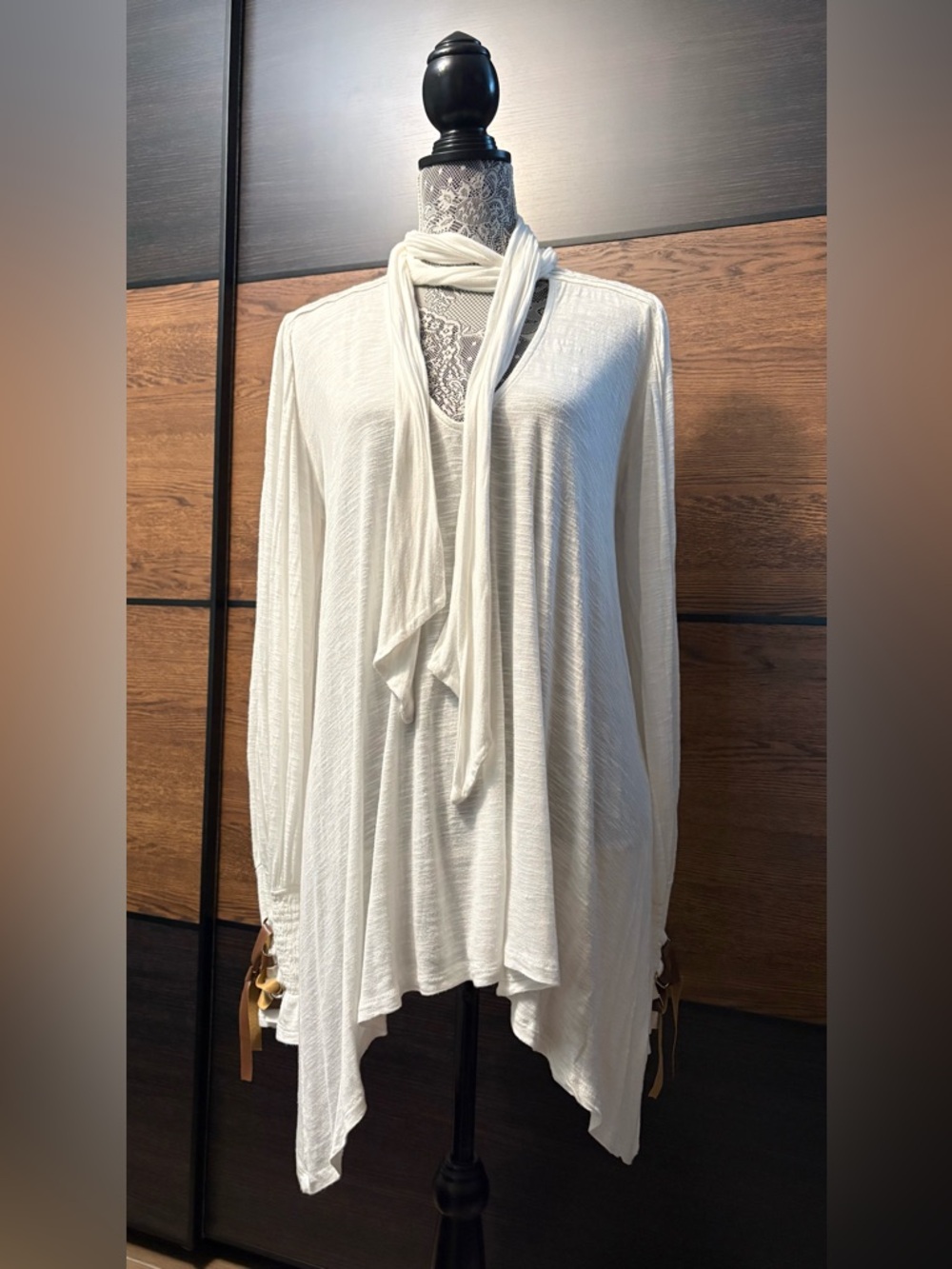 Free People Lightweight Cream Long-Sleeve Tie-Neck Tunic Top